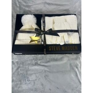 Steve Madden Women's OS Ivory Scarf/Beanie Hat/Gloves Cozy Winter Set NIB NWT